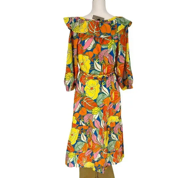 J. Crew Belted Dress Large Floral Tropical Ruffle Neck Midi Balloon Sleeve Retro - Picture 9 of 13